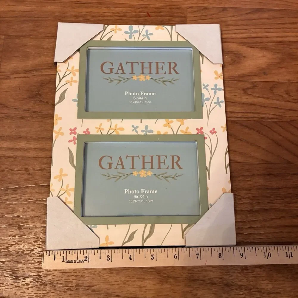 Gather Floral Double Frame Holds Two 6”x4” Photos. Green Trim. 8.5x11” Frame New